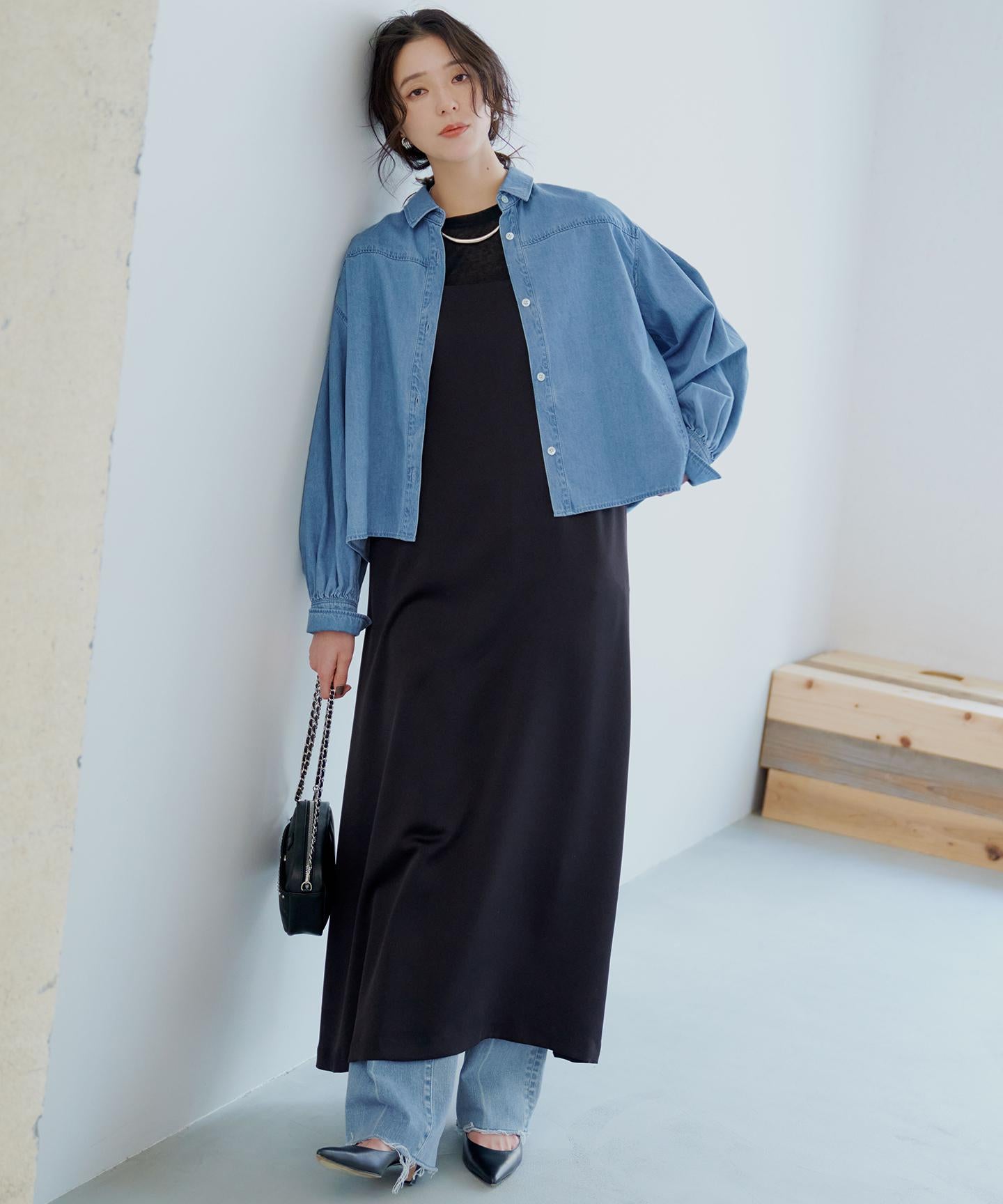 ライトダンガリー クロップド ボリュームスリーブ シャツ