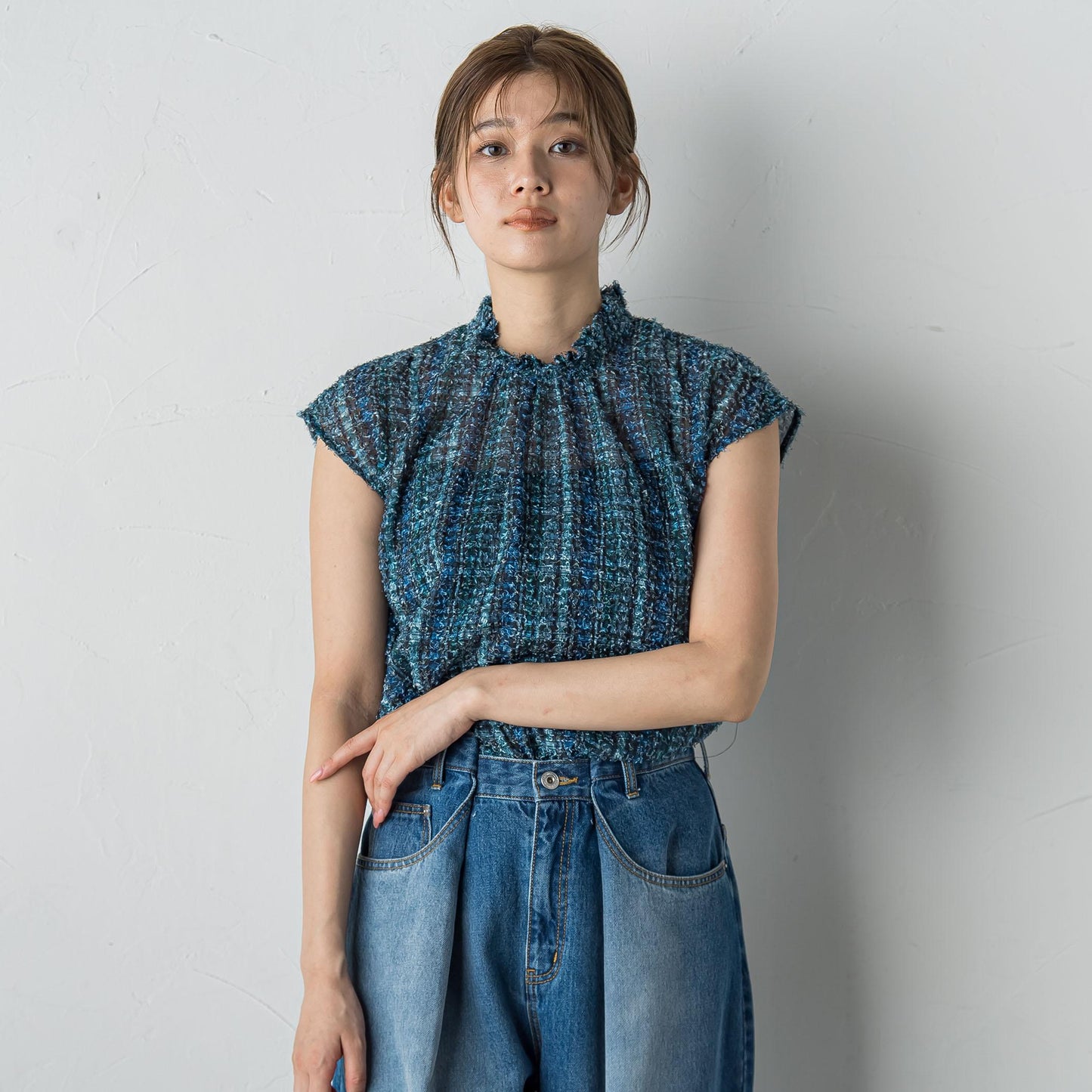 【WEB限定】カットジャガードチェックプリントブラウス