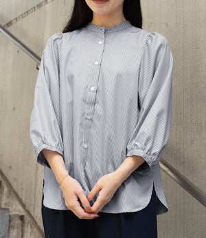 ストライプギャザースリーブブラウス
