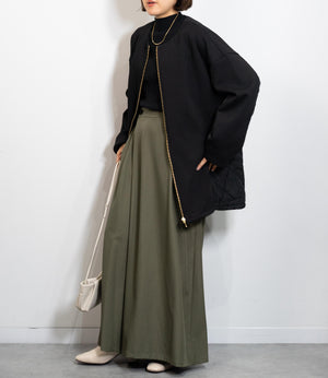 キルティング切替ノーカラーミディコート