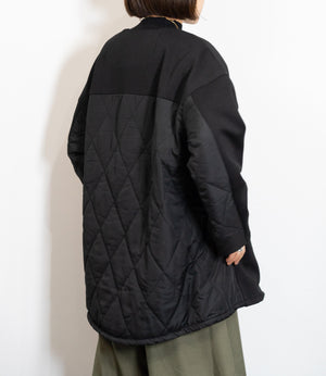 キルティング切替ノーカラーミディコート