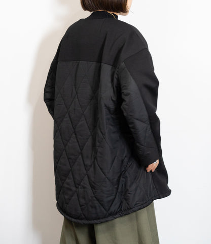 キルティング切替ノーカラーミディコート