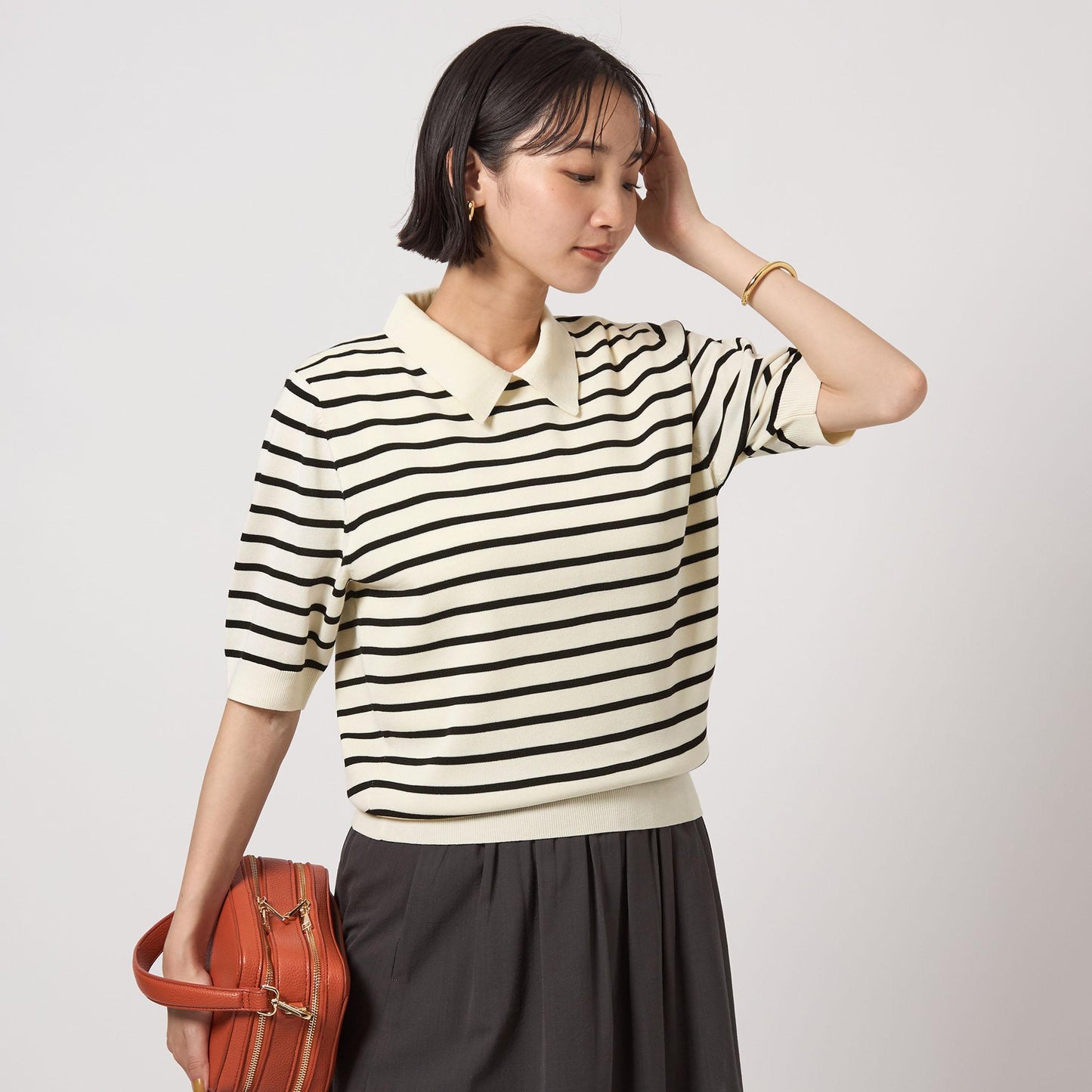 襟付き 5分袖 プルオーバー ニット