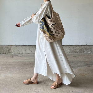 綿麻ロングワンピース（黒.オフホワイト）