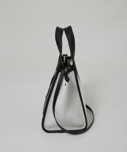 キャンバス×フェイクレザーポケットバッグ