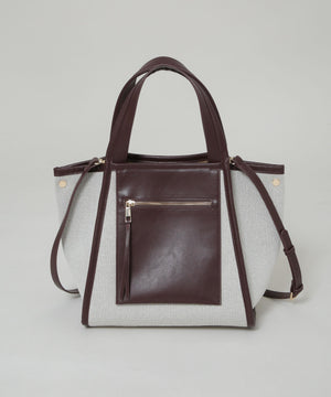 キャンバス×フェイクレザーポケットバッグ