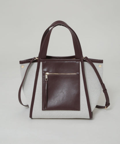 キャンバス×フェイクレザーポケットバッグ