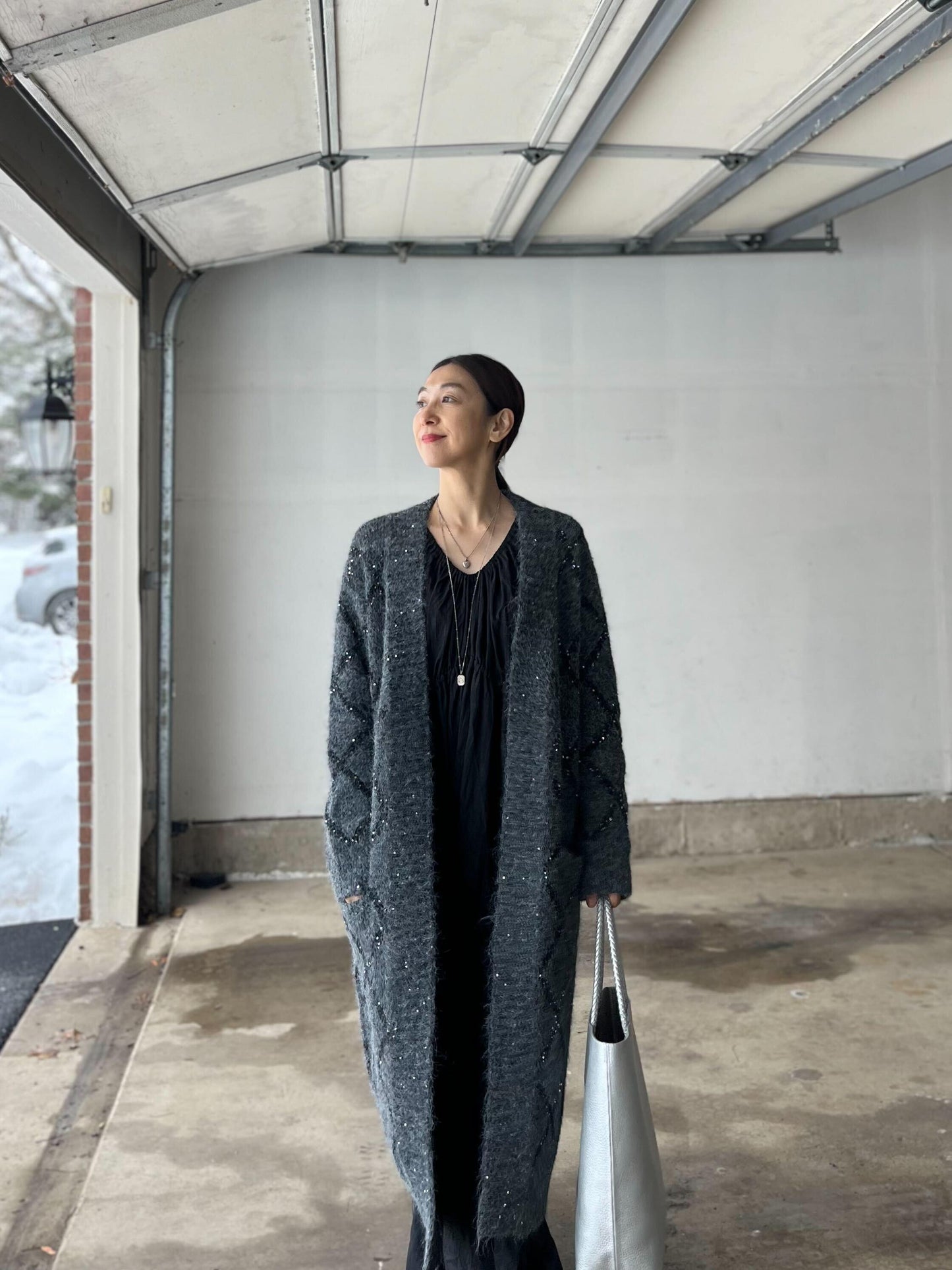 スパンコールニットロングカーディガン