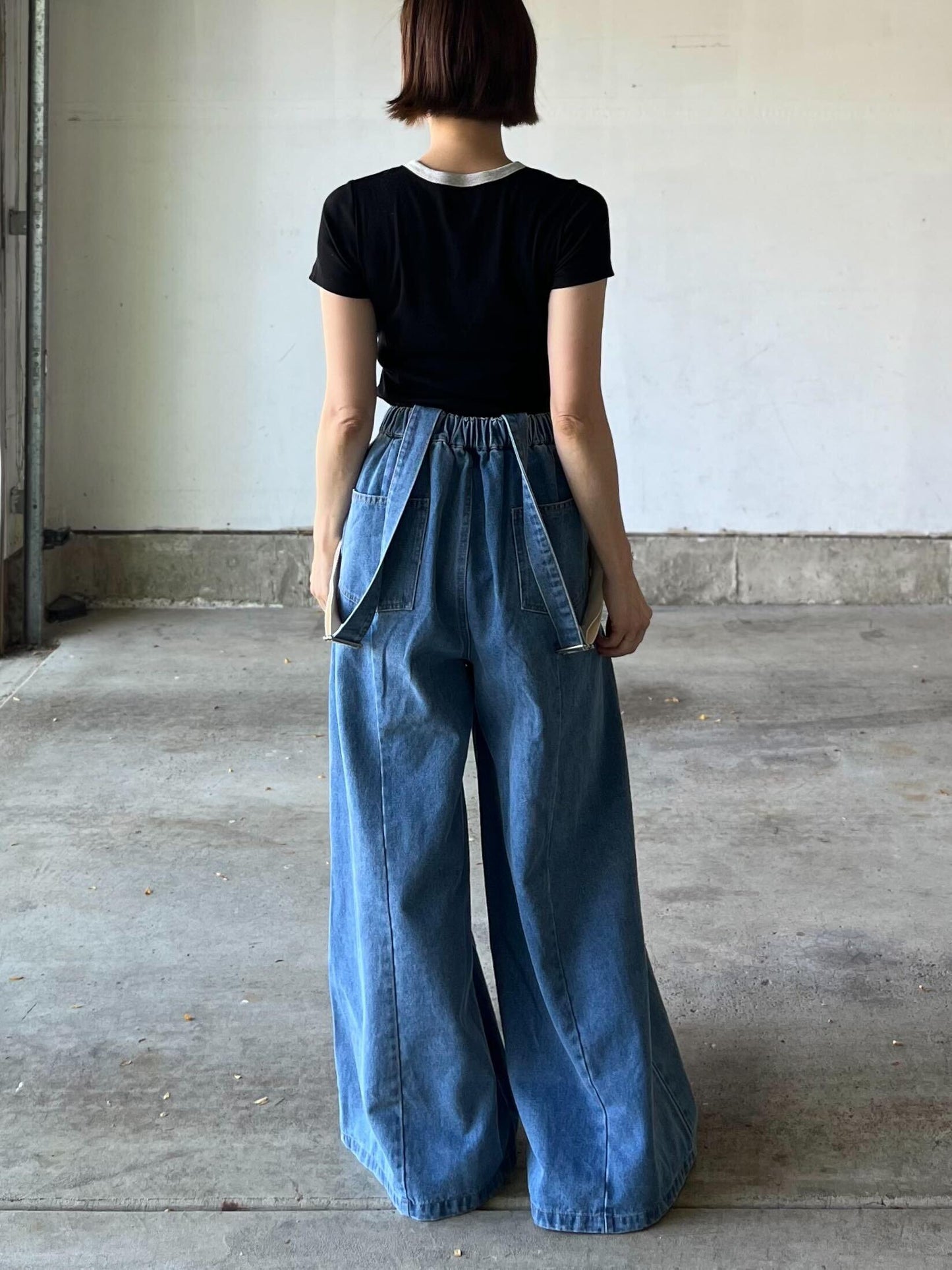 サスペンダーワイドデニムパンツ