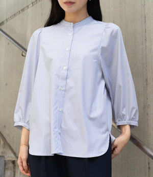 ストライプギャザースリーブブラウス