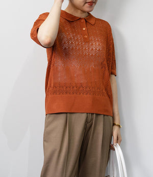 透かし編みポロニットトップス