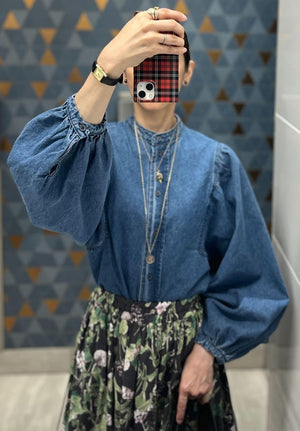 スタンドカラーデニムブラウス