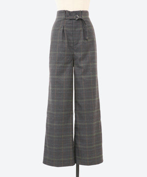 ワイドチェック柄ベルトパンツ