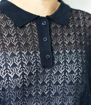 透かし編みポロニットトップス