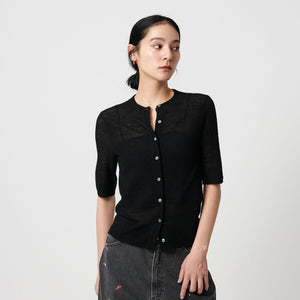 ウールナイロン クルーネックハーフスリーブカーディガン