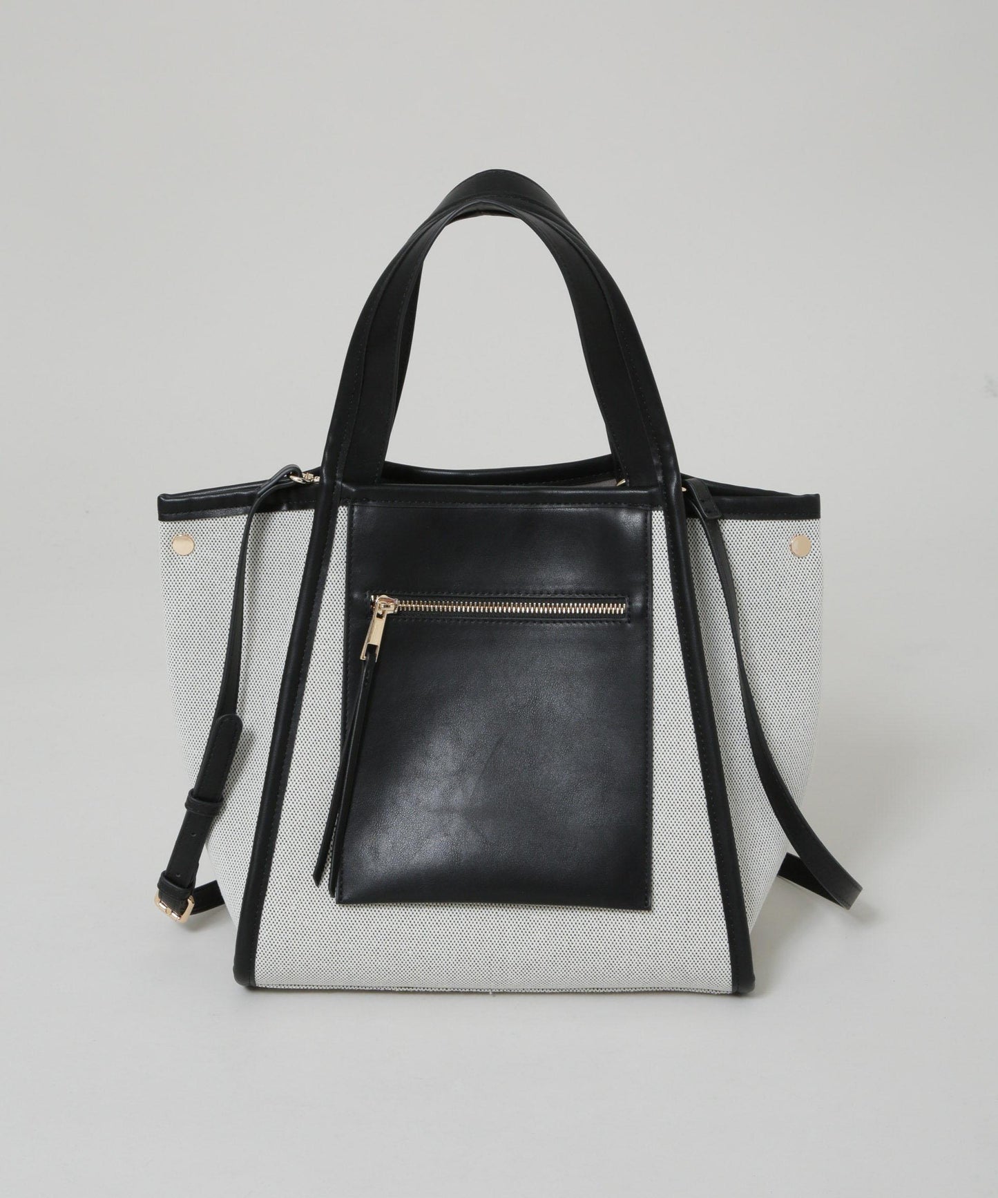 キャンバス×フェイクレザーポケットバッグ