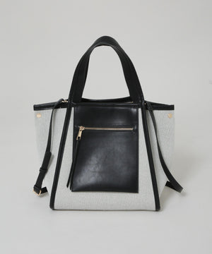 キャンバス×フェイクレザーポケットバッグ