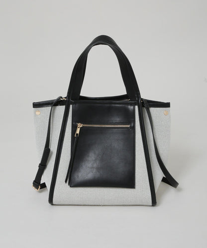 キャンバス×フェイクレザーポケットバッグ