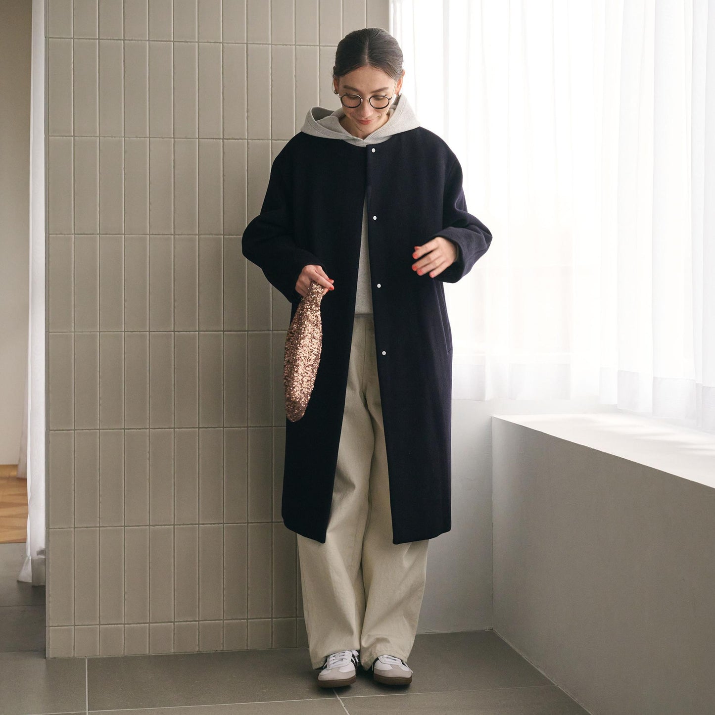 毛ナイロン ノーカラーコート