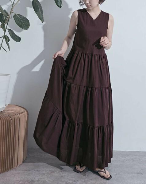 Vネックティアードワンピース