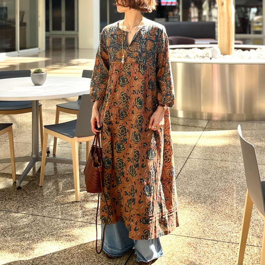 秋色ブロックプリントワンピース