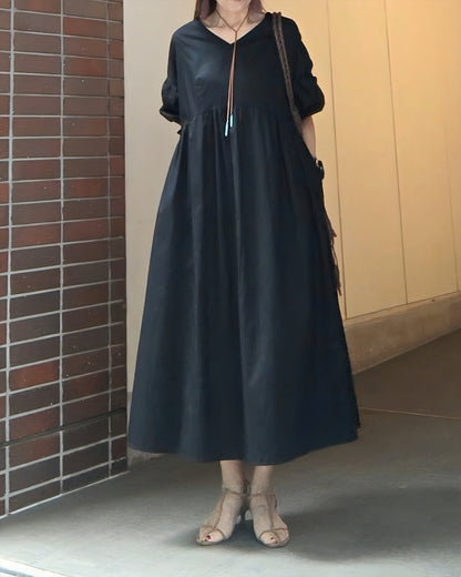 袖シャーリングVネックロングワンピース