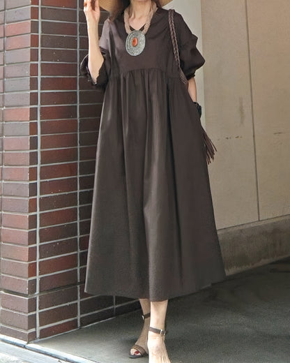 袖シャーリングVネックロングワンピース