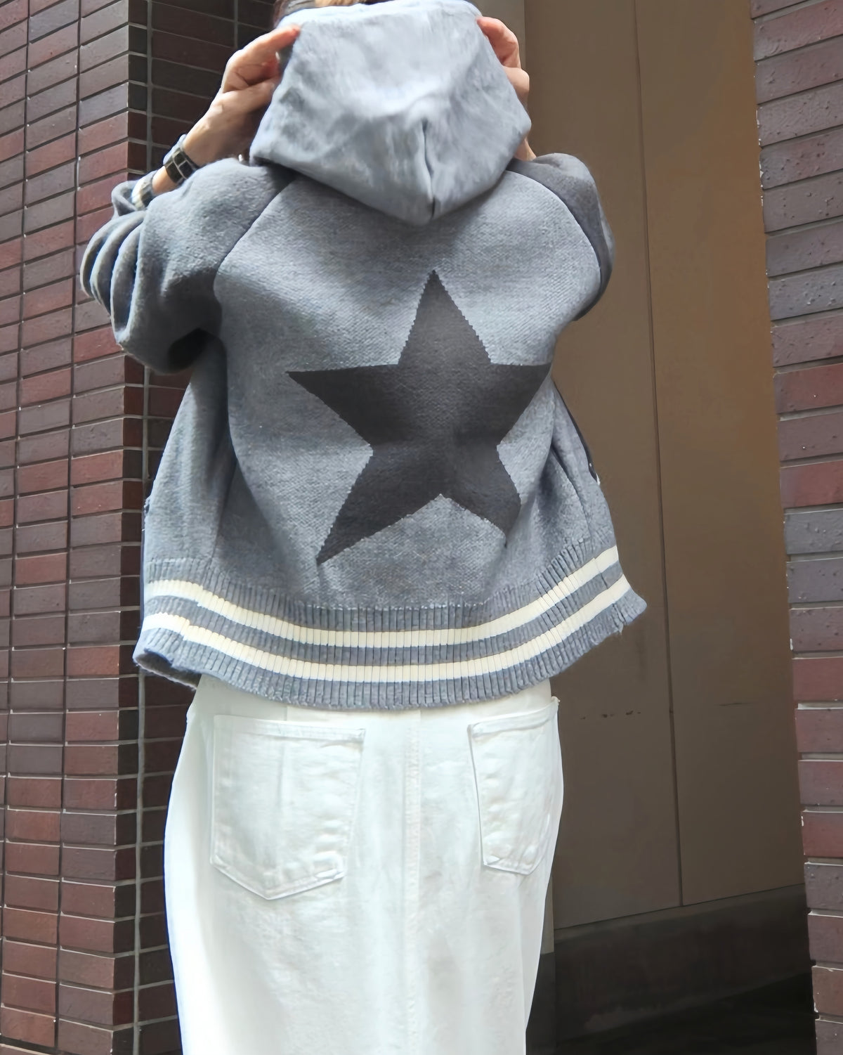 スタジャン風フードニットブルゾン