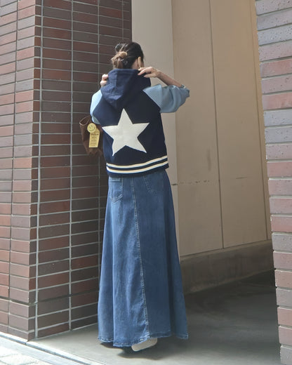 スタジャン風フードニットブルゾン