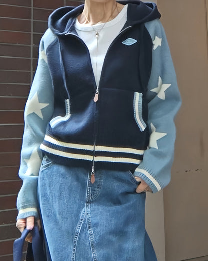 スタジャン風フードニットブルゾン