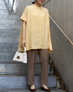 バックティアードバンドカラー半袖ブラウス