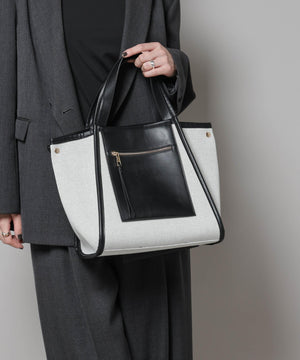 キャンバス×フェイクレザーポケットバッグ