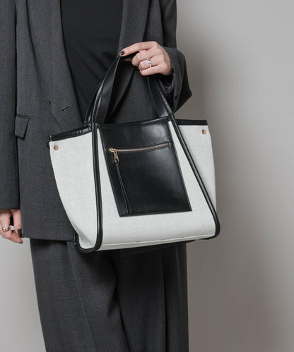 キャンバス×フェイクレザーポケットバッグ