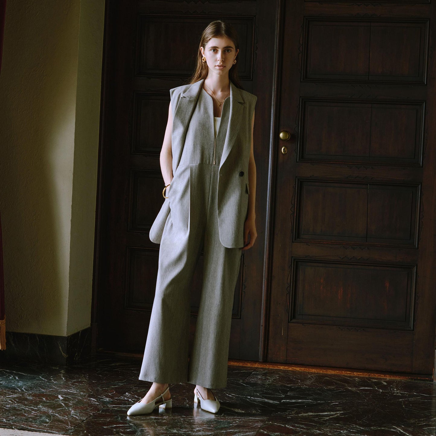 ツイードライク ジレ マシンウォッシャブル 帯電防止