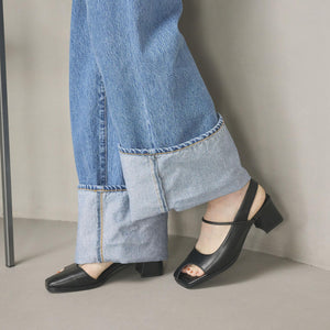 レザーライク オープントゥ バックストラップミュール