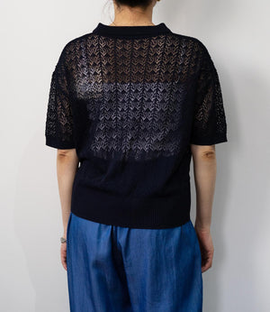透かし編みポロニットトップス