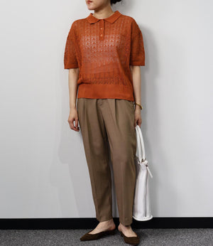 透かし編みポロニットトップス