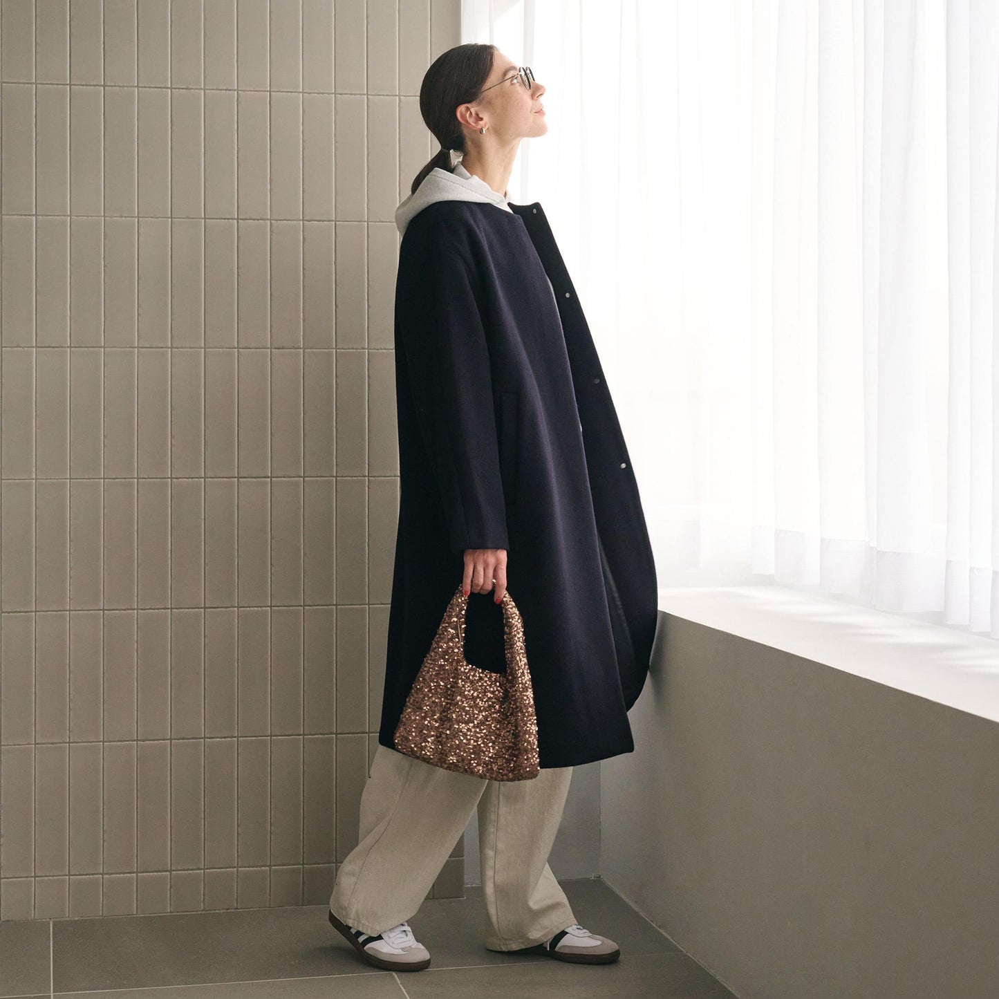 毛ナイロン ノーカラーコート