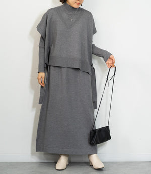 Vネックベストスリムワンピースアンサンブル