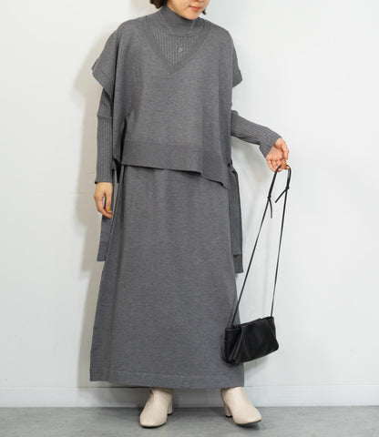 Vネックベストスリムワンピースアンサンブル