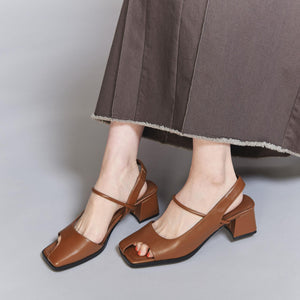 レザーライク オープントゥ バックストラップミュール