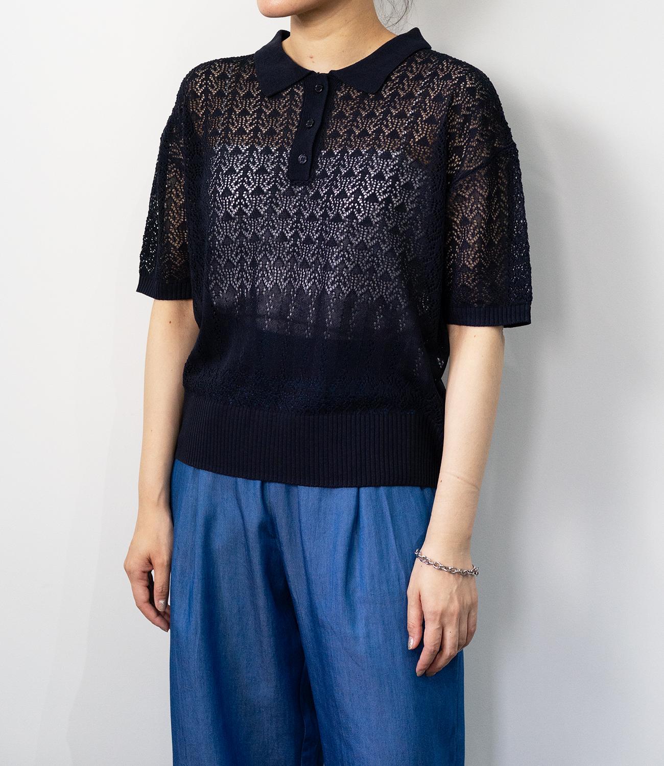 透かし編みポロニットトップス
