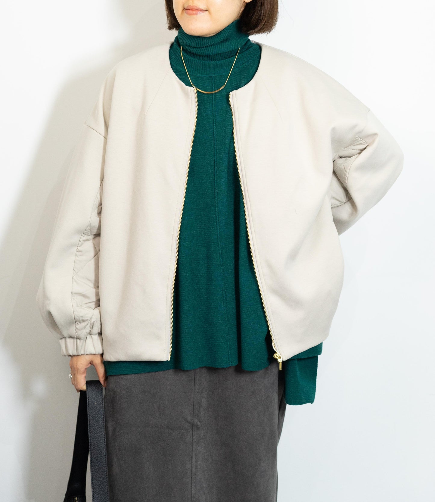 キルティング切替ノーカラーコート