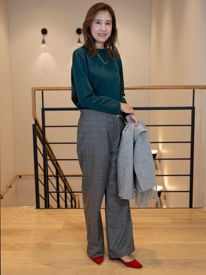 ワイドチェック柄ベルトパンツ