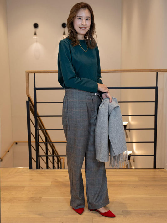 ワイドチェック柄ベルトパンツ