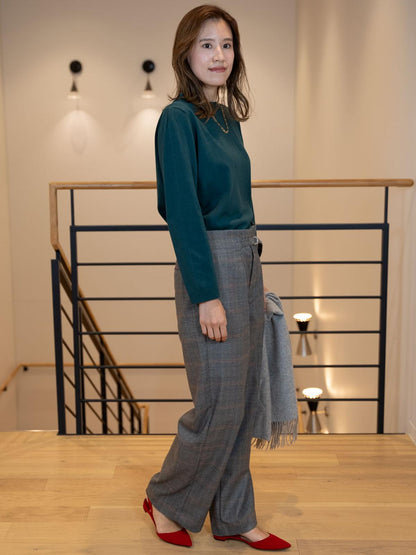 ワイドチェック柄ベルトパンツ