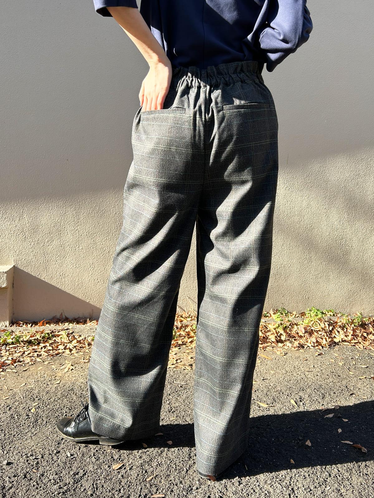 ワイドチェック柄ベルトパンツ