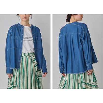 バンドカラーカジュアルデニムシャツ