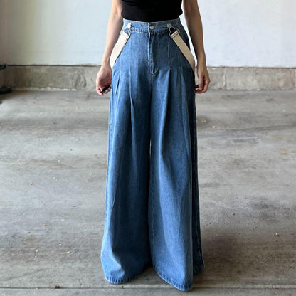 サスペンダーワイドデニムパンツ