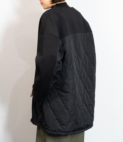 キルティング切替ノーカラーミディコート